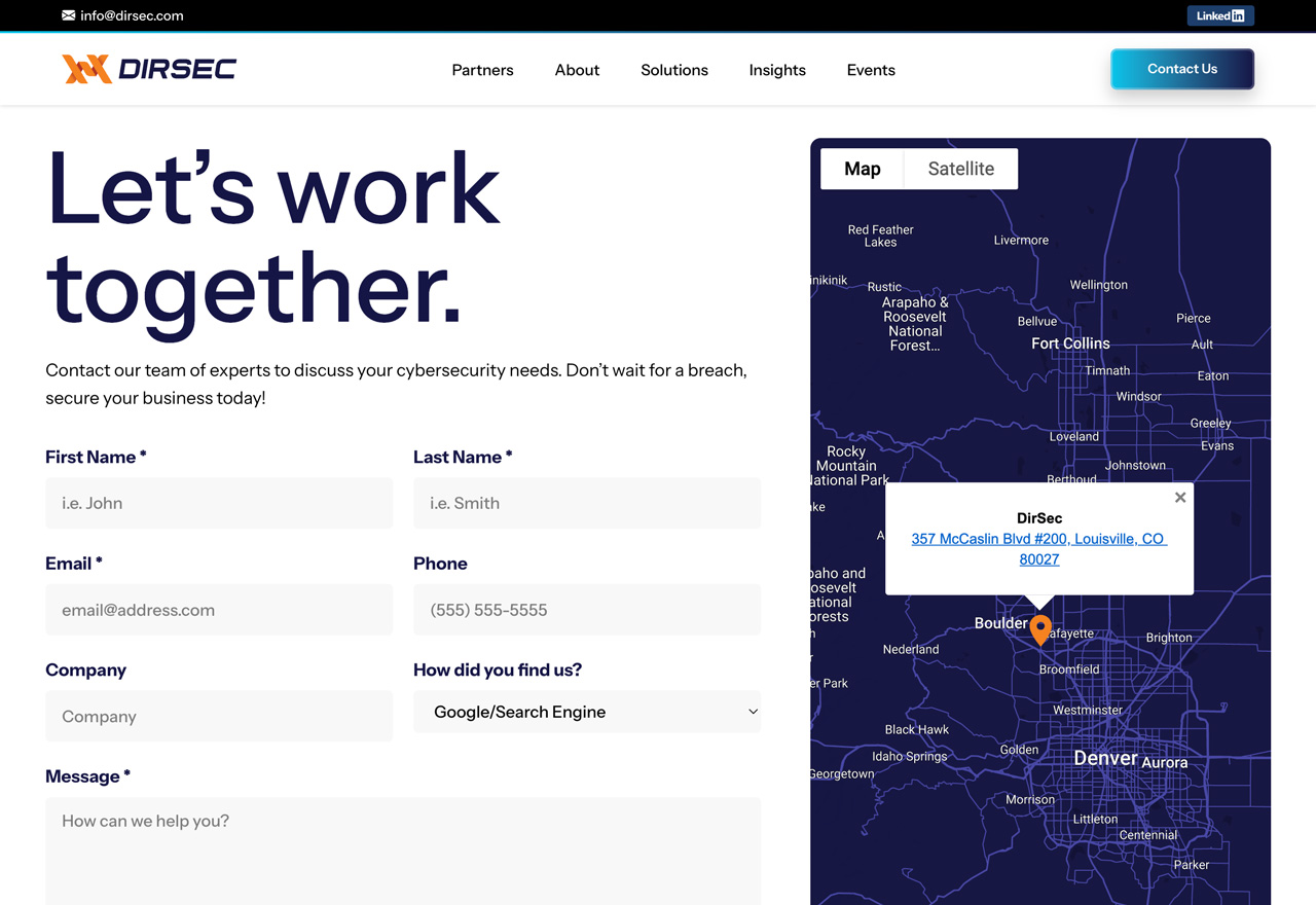 DirSec website contact page for client inquiries and support