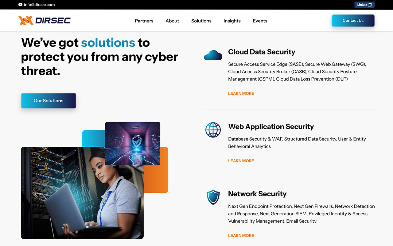 DirSec website homepage showcasing services and cybersecurity solutions