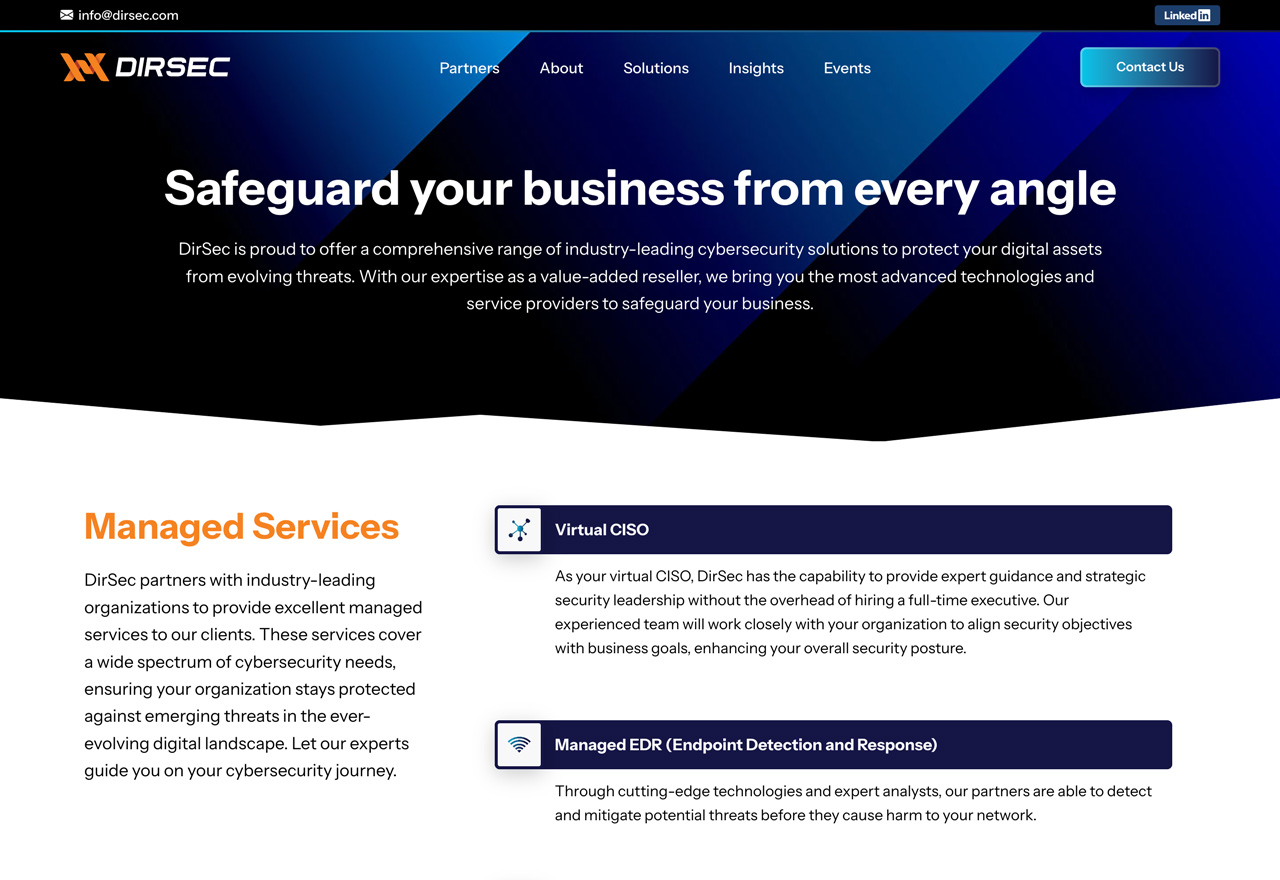 DirSec website solutions page showcasing cybersecurity and IT services