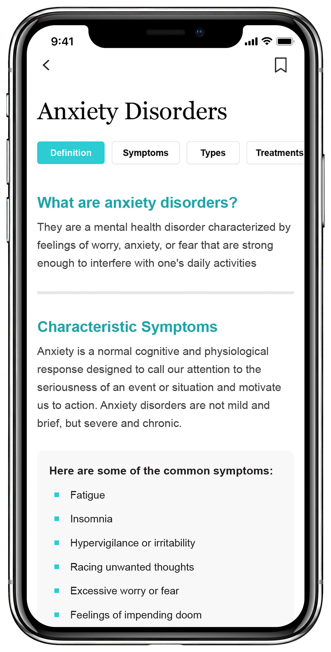 HHCI mobile app screen showing Disorder 1 information on iPhone