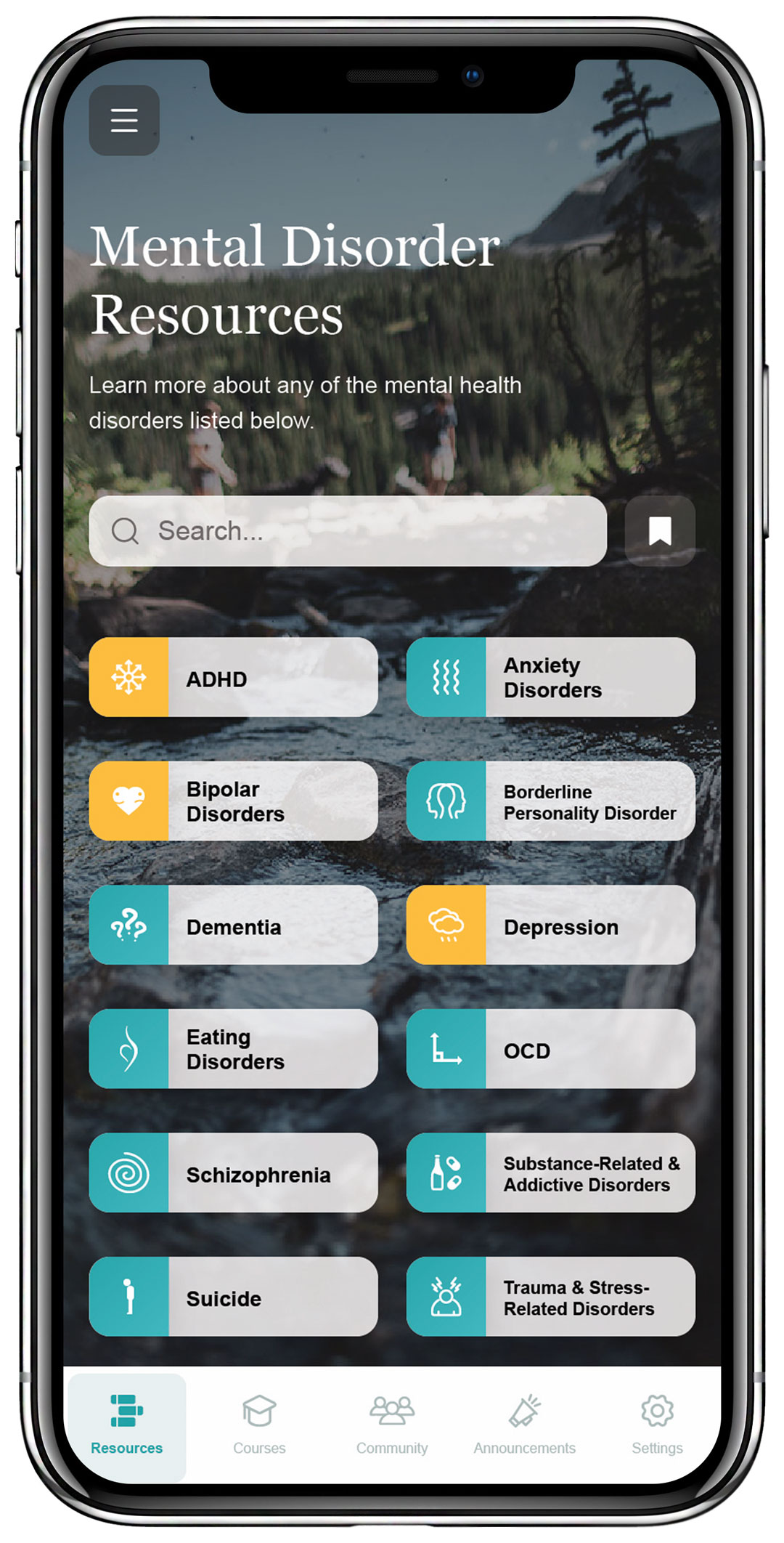 HHCI mobile app resources screen on iPhone showing mental health support content