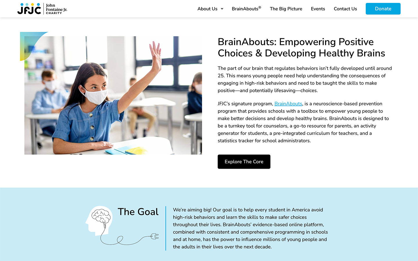 JFJC about page displaying organizational mission, vision, and team