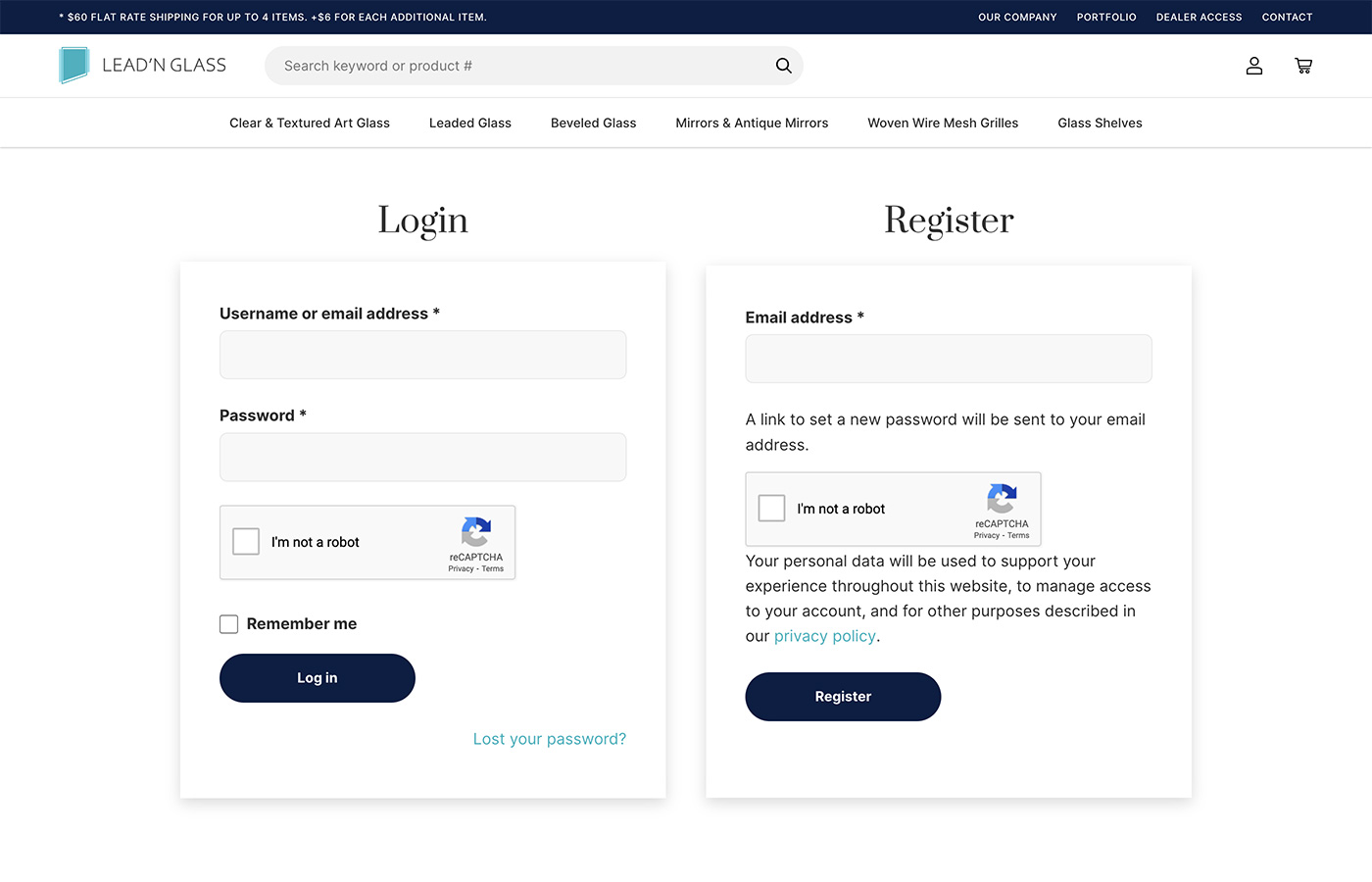 LeadnGlass user account page showing login and profile management