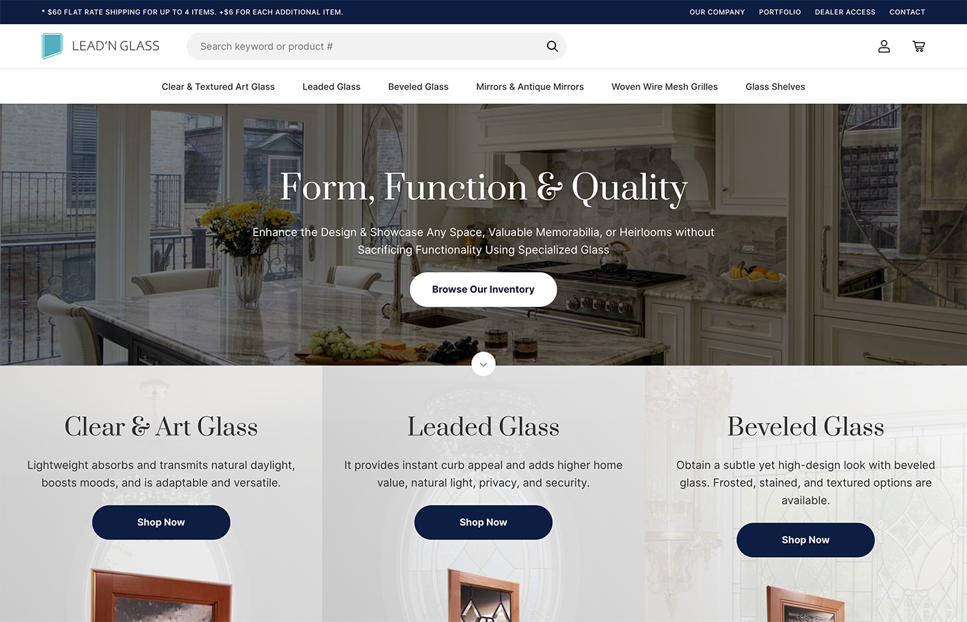 LeadnGlass website homepage showcasing main navigation and featured products