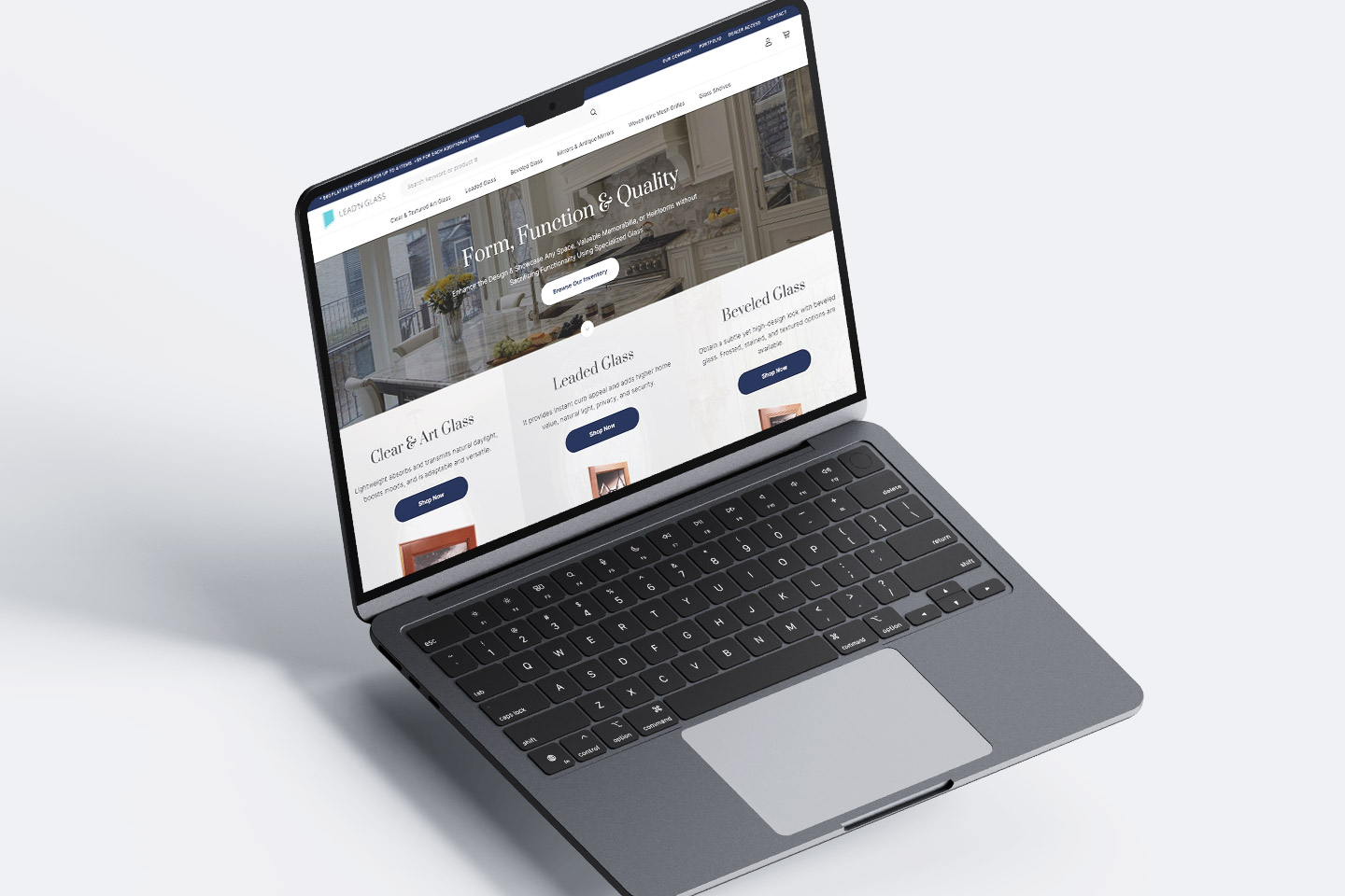 LeadnGlass website displayed on a laptop showing full desktop layout