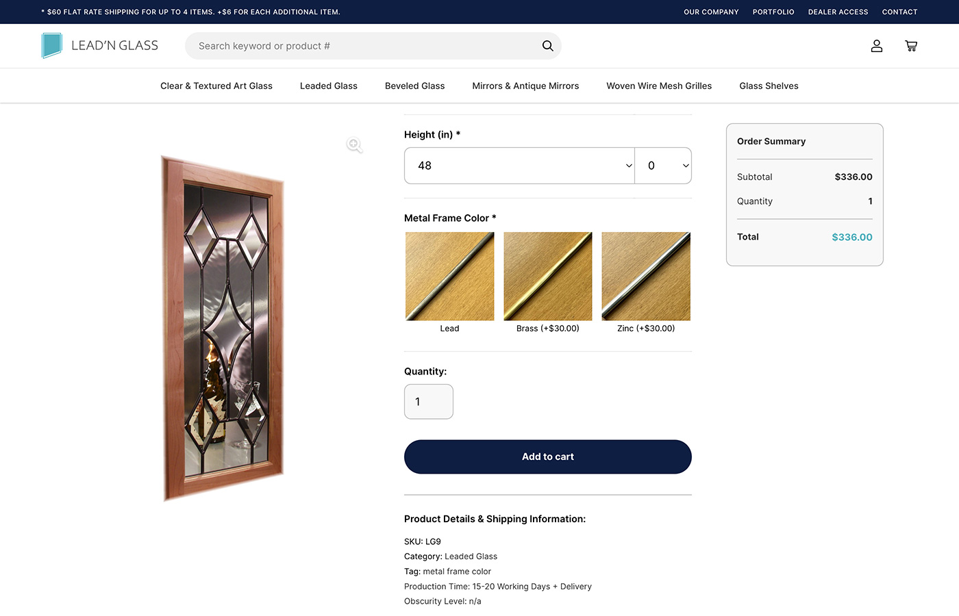 LeadnGlass e-commerce product page displaying individual product details