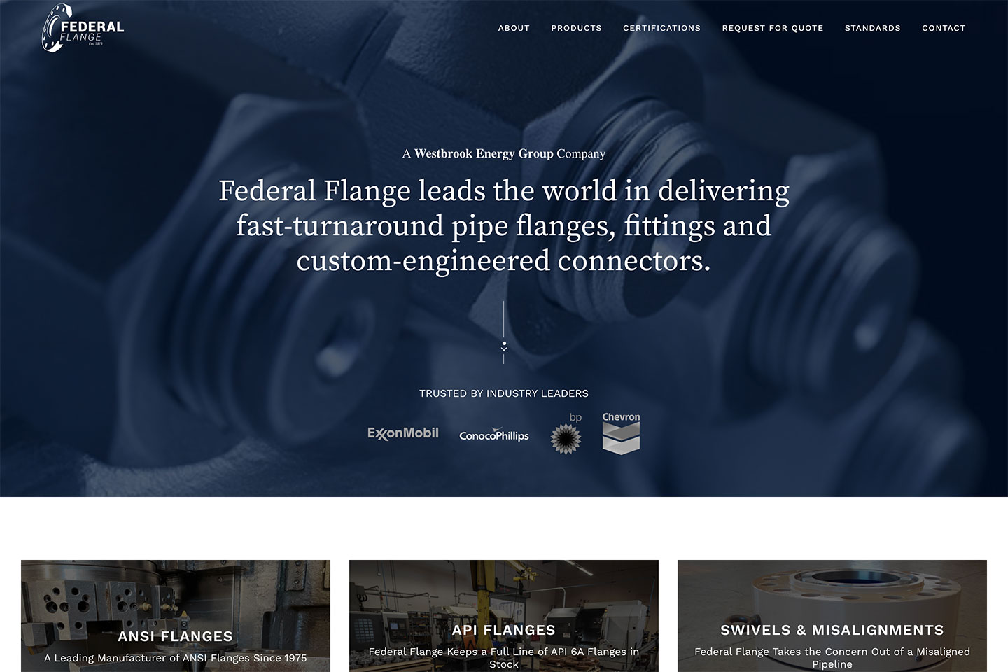 Federal Flange manufacturing website showcasing industrial flange products and engineering services