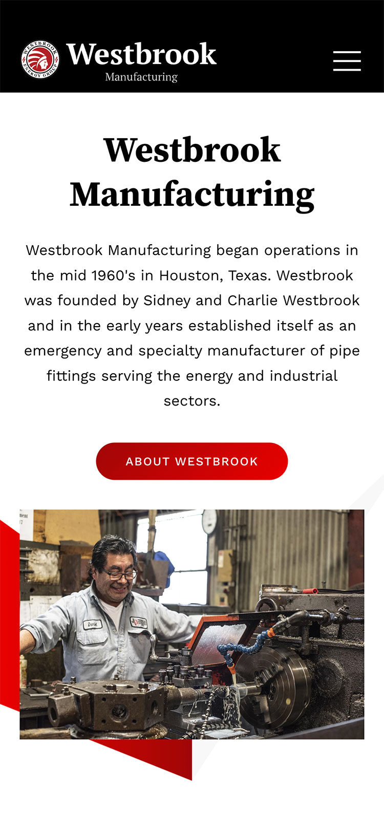 Westbrook Manufacturing mobile homepage design displaying responsive industrial manufacturing website