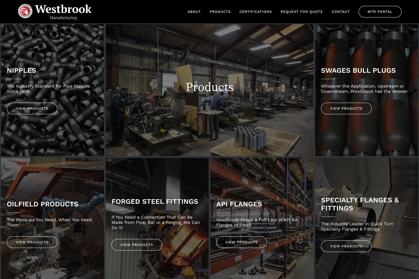 Westbrook Manufacturing products webpage showcasing industrial parts and product lines