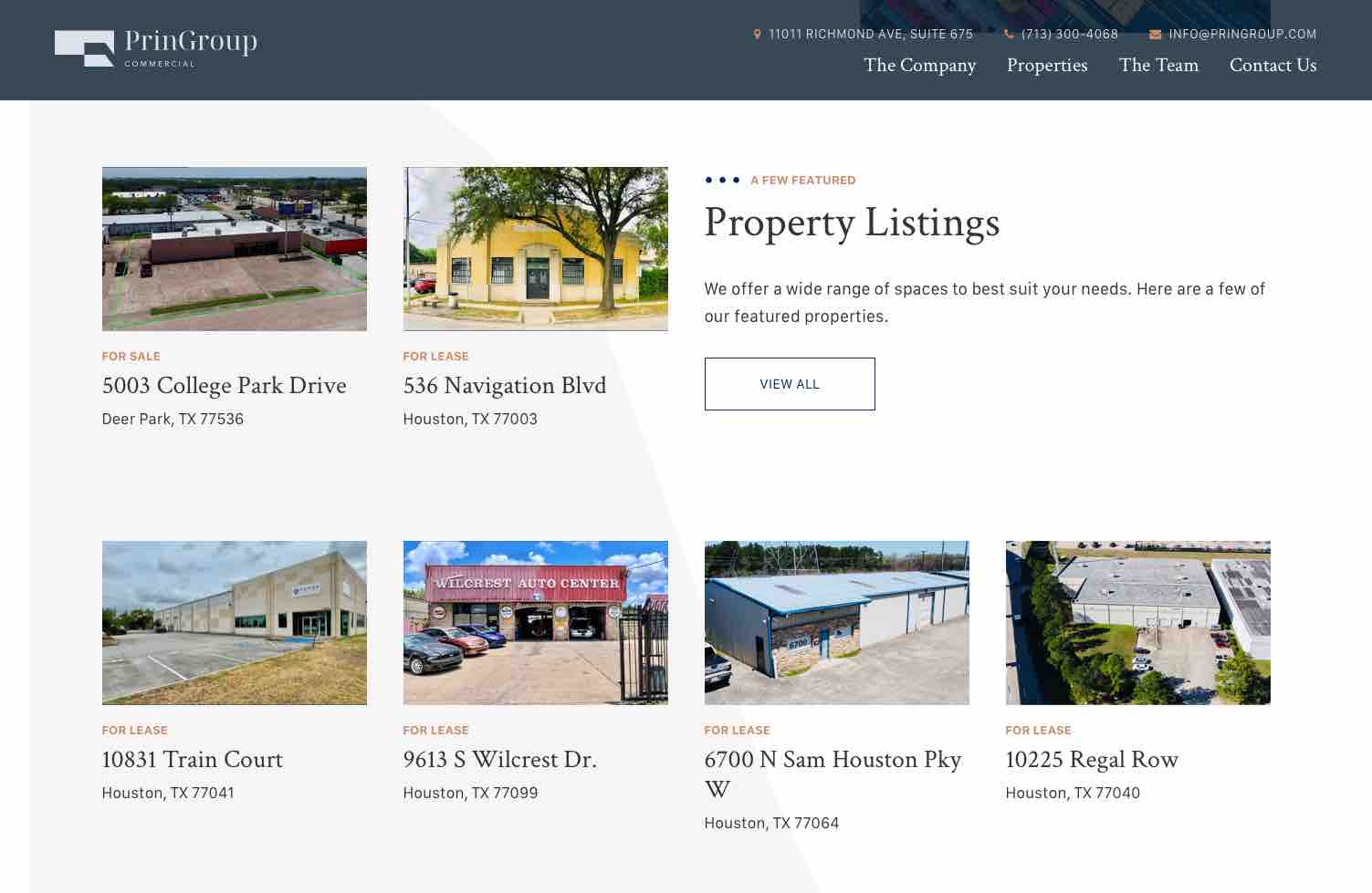 PRIN Group property listings webpage showing available real estate properties
