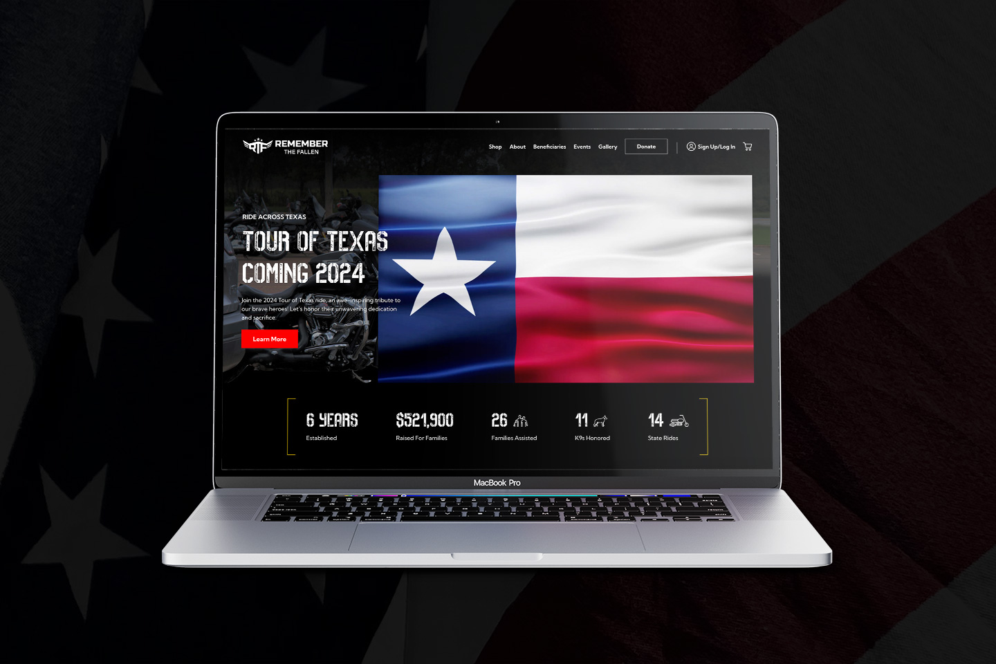 Remember the Fallen website displayed on a laptop showcasing homepage layout