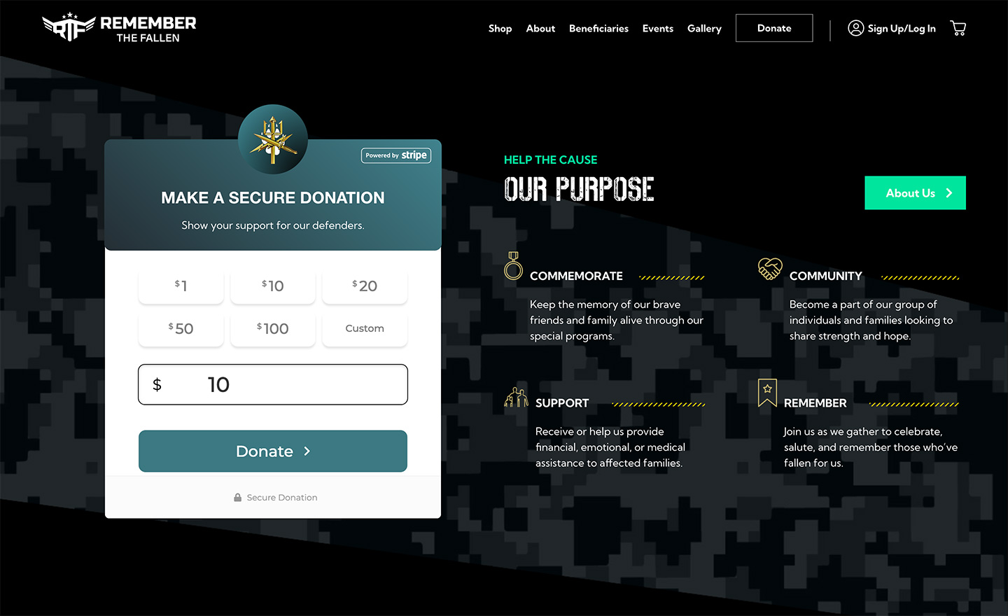 Remember the Fallen website donate page for supporting veterans and memorial projects