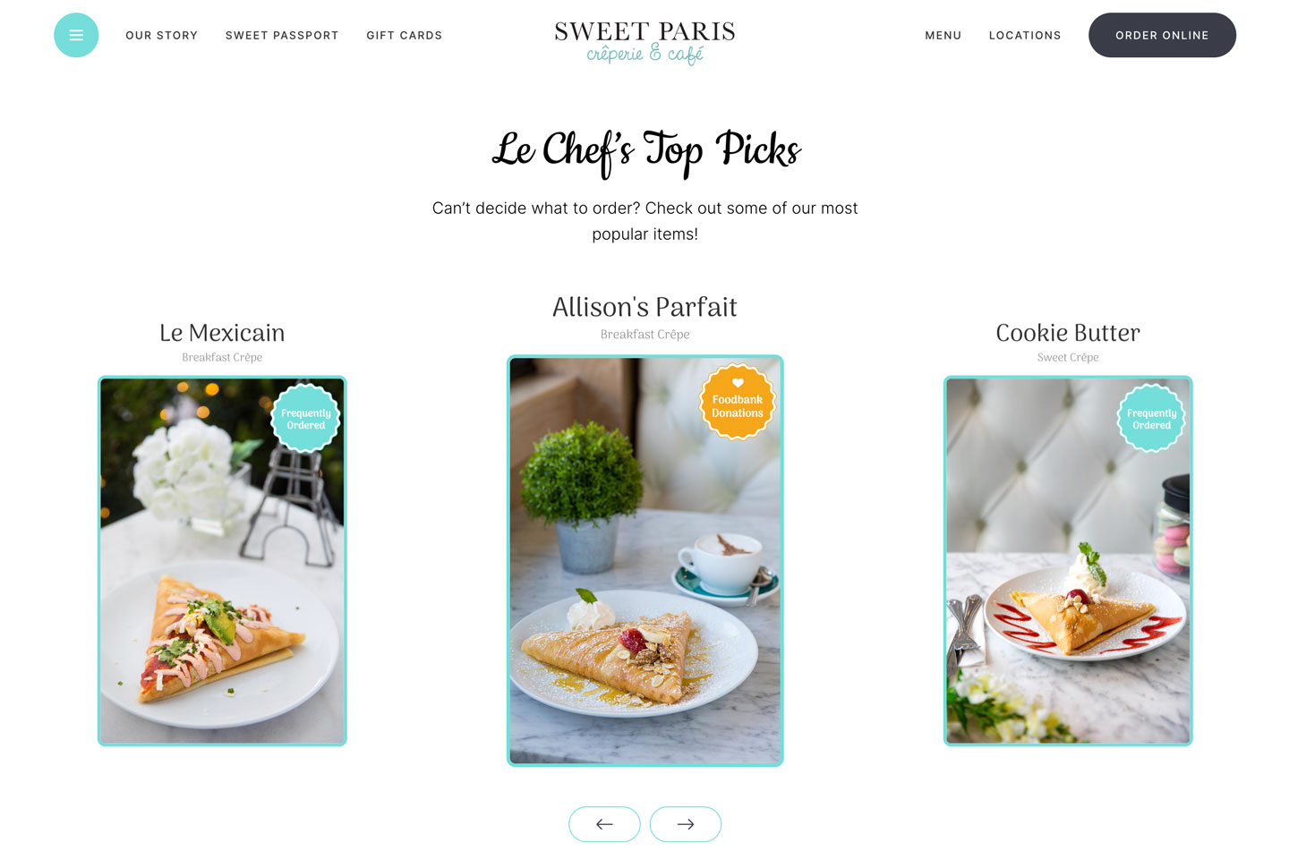 Sweet Paris website desktop view showing featured dishes on the homepage