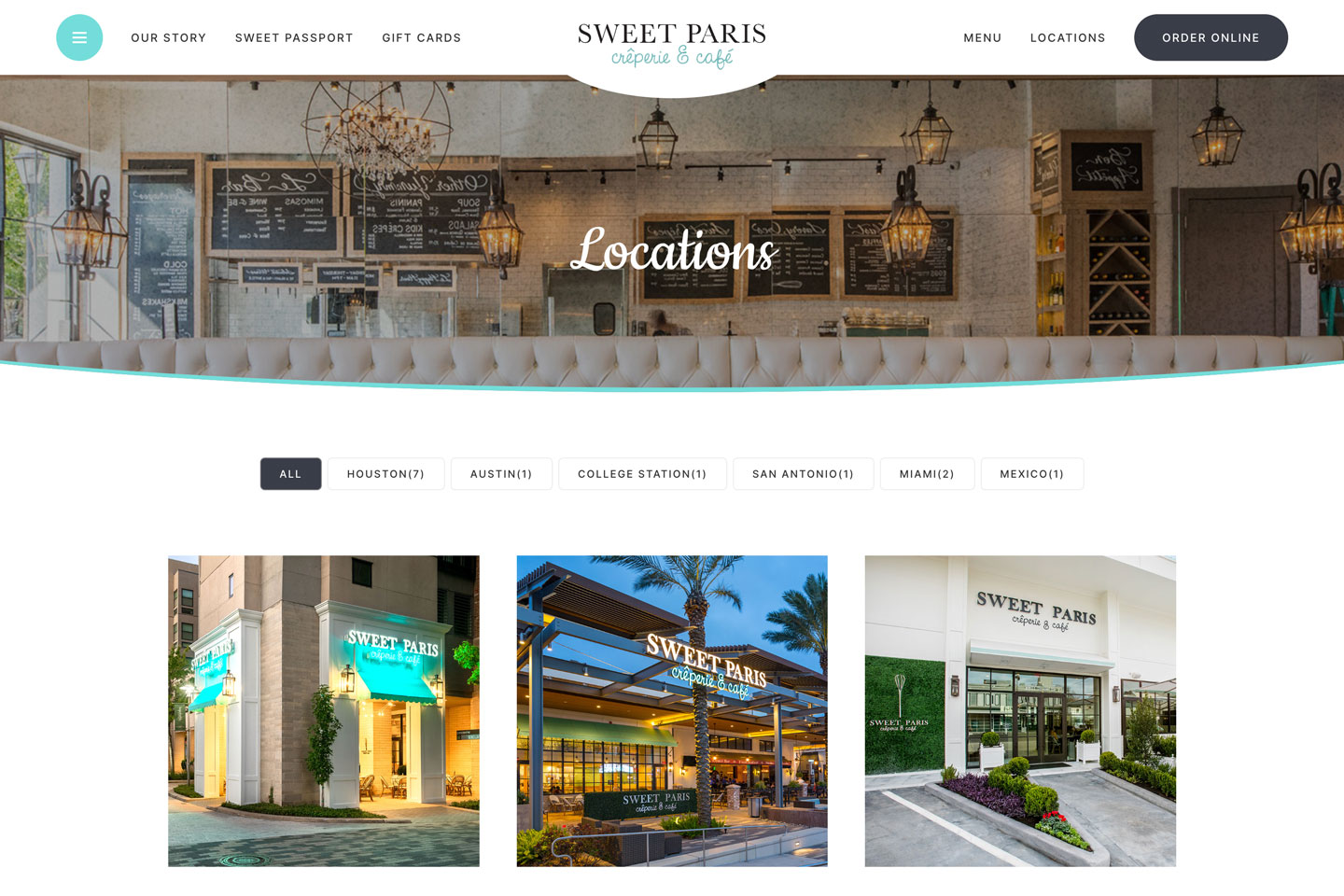 Sweet Paris desktop website displaying locations page layout