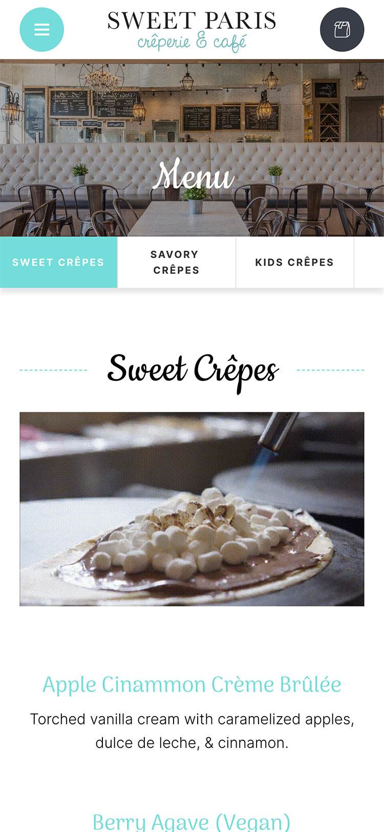 Sweet Paris mobile website menu showing categories and navigation