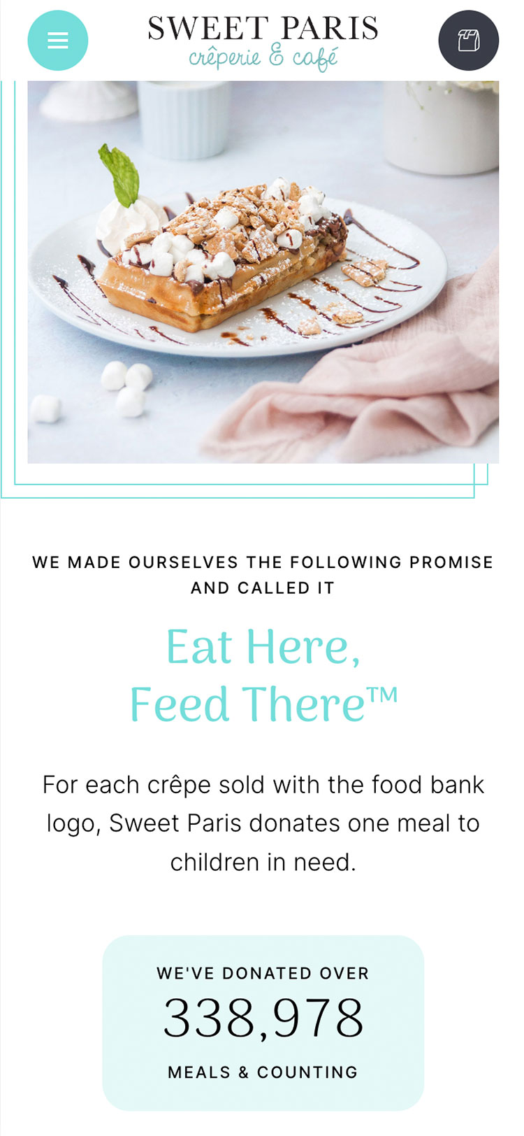 Sweet Paris mobile site page highlighting community impact and mission