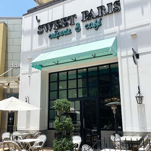 Sweet Paris Austin restaurant exterior photographed on location