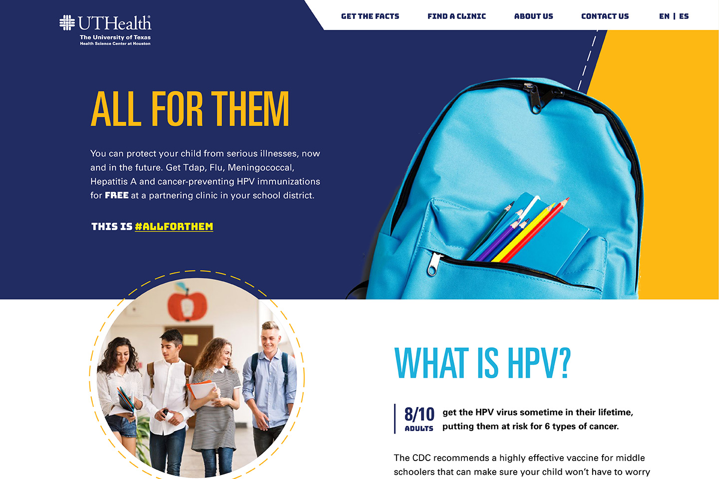 UT Health All for Them website design promoting public health vaccinations and community wellness