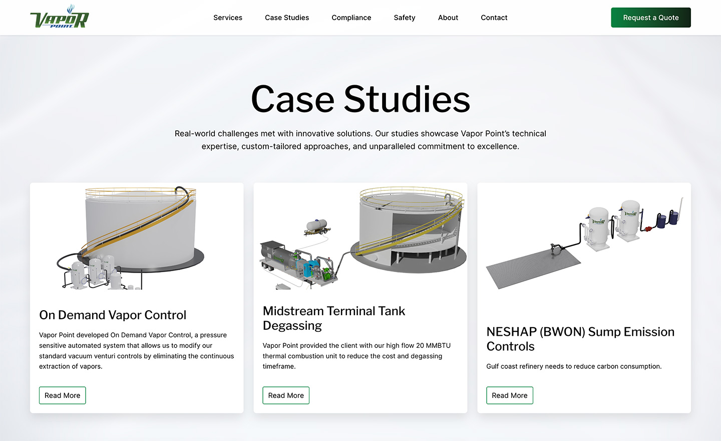 Vapor Point case studies webpage featuring environmental service project results