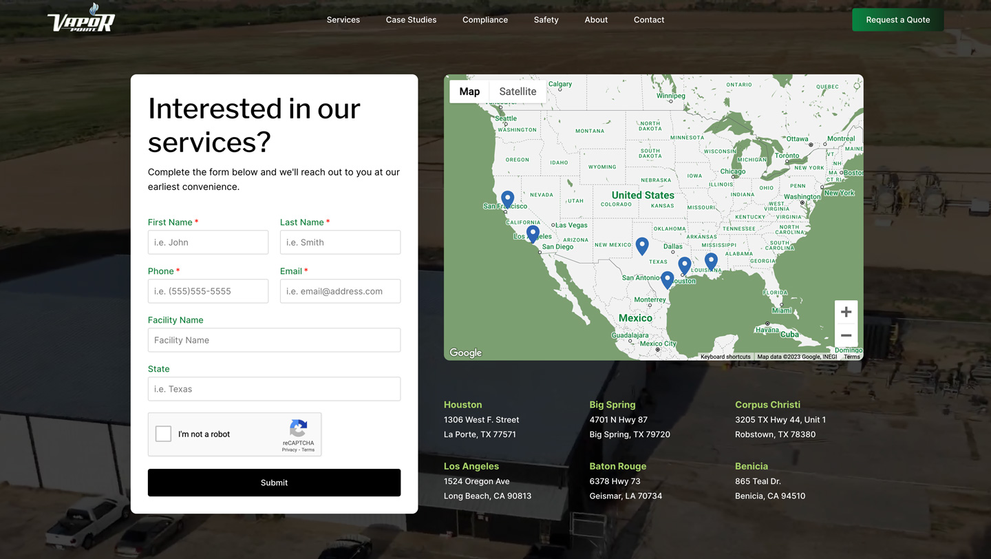 Vapor Point contact page providing company communication and service inquiry options