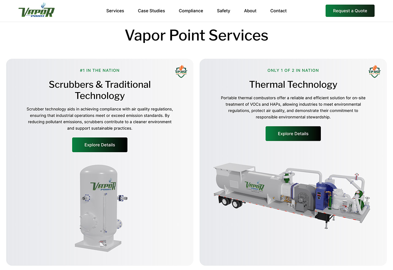 Vapor Point homepage design showcasing emissions control services and environmental solutions