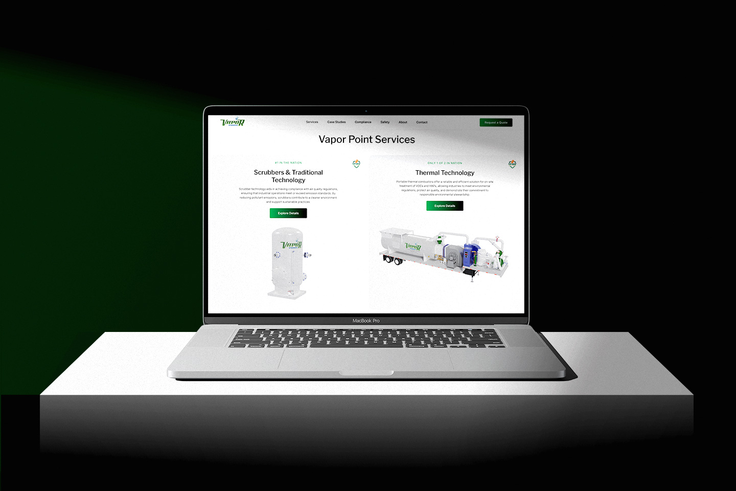 Vapor Point website displayed on a laptop showcasing environmental and emissions control solutions