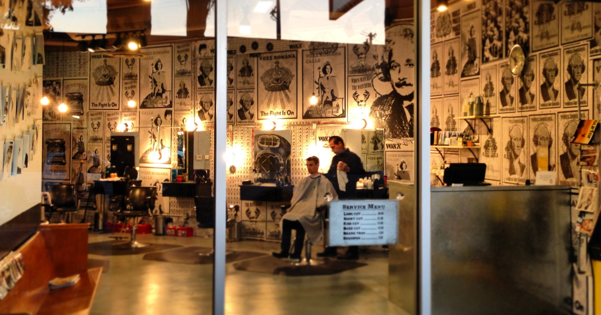 Exterior of the barbershop storefront in Santa Cruz, launched during the 2009 recession