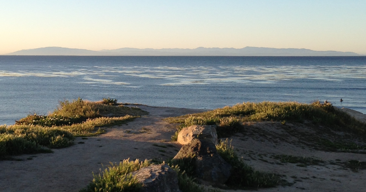 View of Pleasure Point Beach, California, with waves gently meeting the shoreline